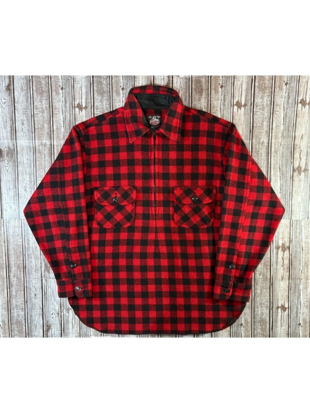 Johnson Woolen Mills Half Zip wool Jac Shirt overshit sz L Buffalo check USA VTG